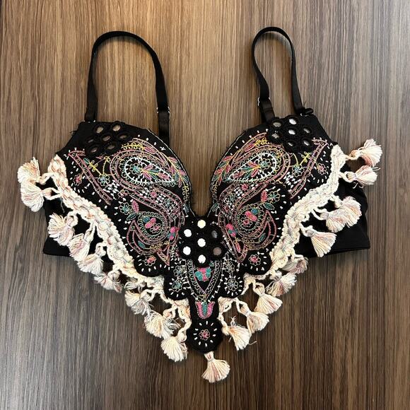 Unbranded Other - Black Multicolor Paisley Embroidered Tassel Push Up Festival Bra Size 32B